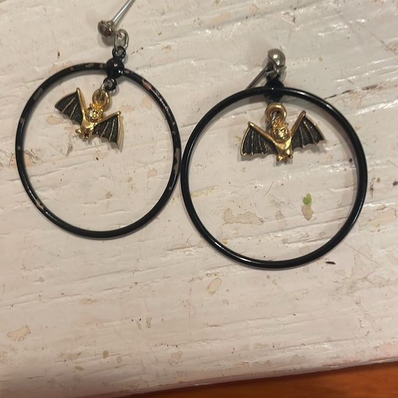 1.75” LeNoir Spoiled Rotten Lilith golden bat open hoop stud earrings - Picture 3 of 10